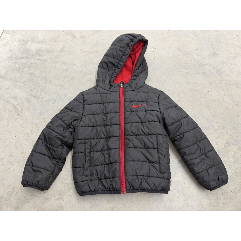 Nike Kids Black Red Insulated Hooded Puffer Jacket Full Zip Winter Coat Logo 3T